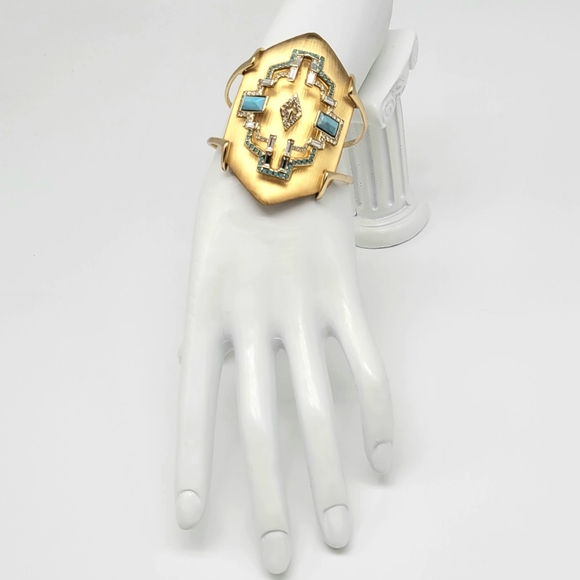 Alexis Bittar Phoenix Deco Gold Lucite Swarovski Crystal + Turquoise Cuff - Picture 6 of 14